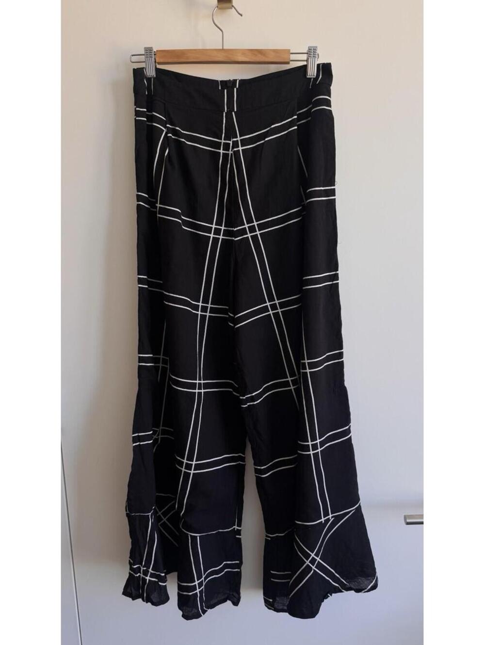 Sancia Black Windowpane Wide Leg Pants Size S Side Slit Cotton Resort - Picture 3 of 9